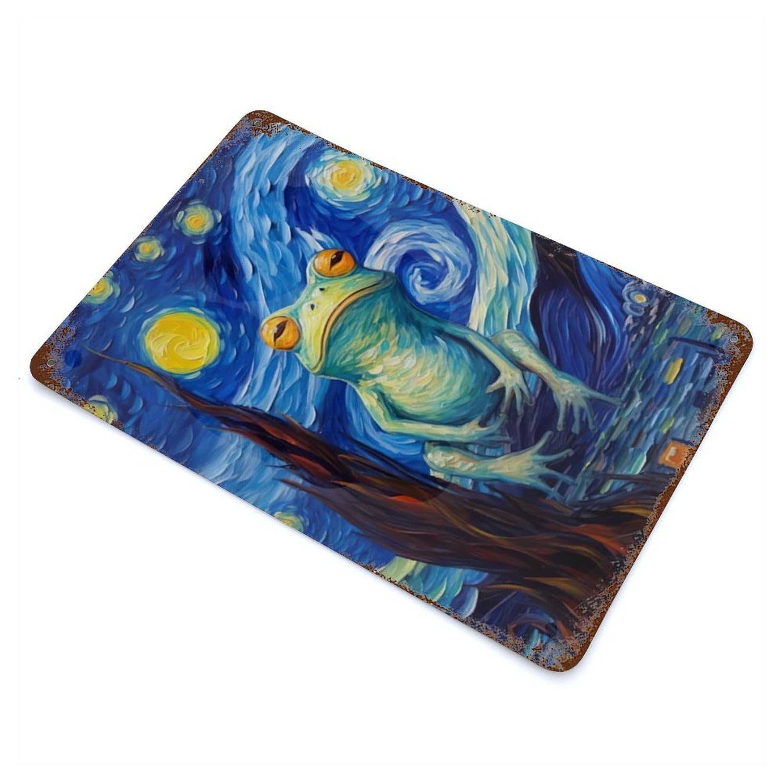 Starry Night Frog Painting Rusty Metal Tin Sign 11.8"x7.9", Industrial Home Decor for Garage, Pub Or Kitchen
