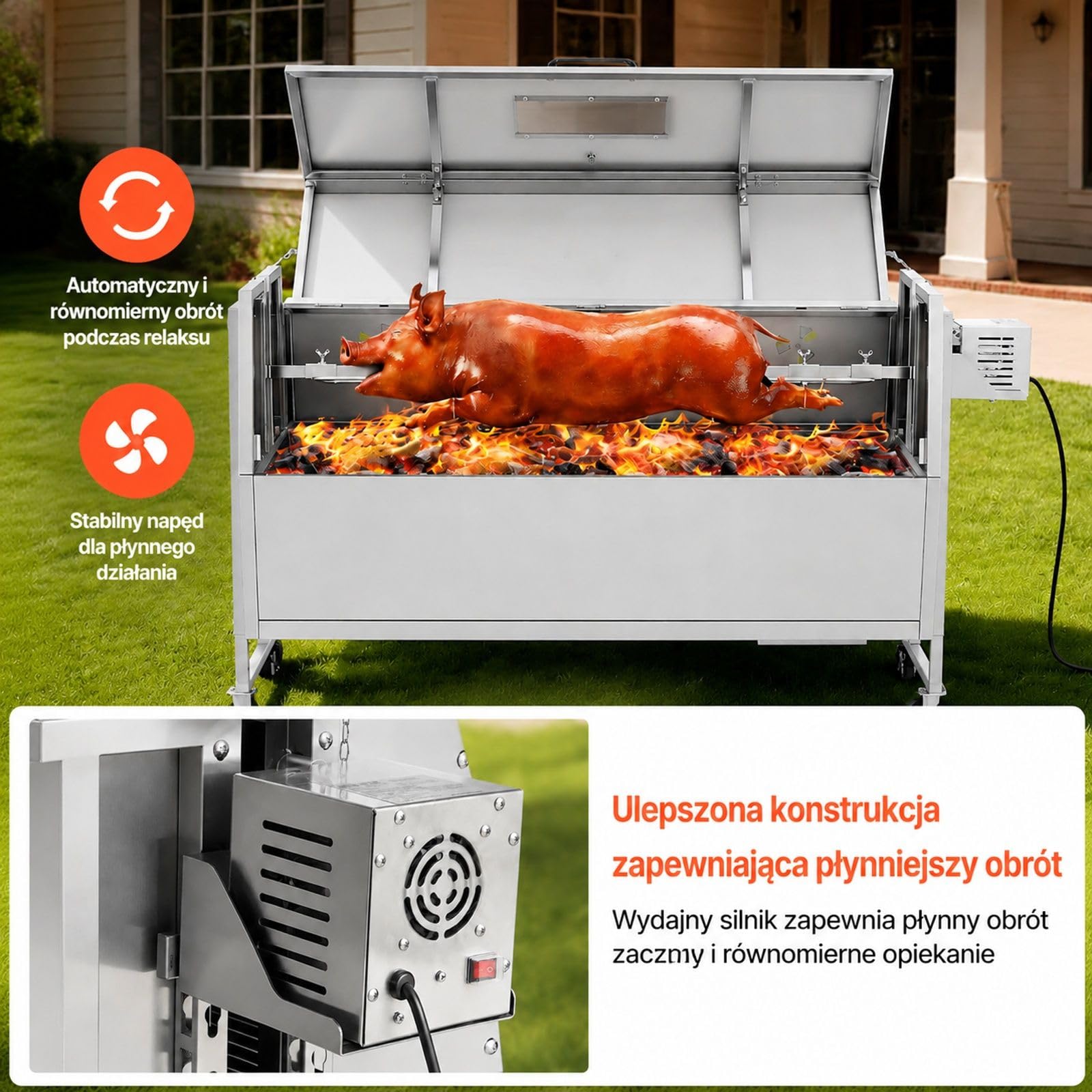 Grill rożenowy na węgiel z kółkami, pokrywą, rożnem ze stali nierdzewnej i regulacją wysokości do jagnięciny oraz prosiąt na zewnątrz