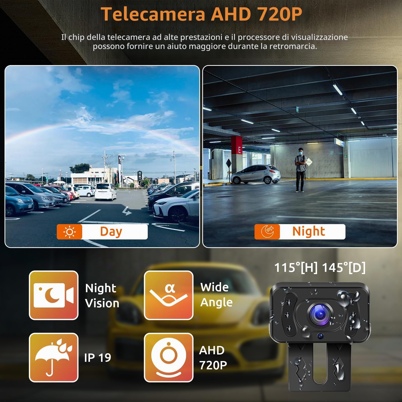 Podofo Wireless Telecamera Retromarcia AHD Con Monitor da 5 '' Digitale IP69 Visione Notturna Impermeabile Ventosa Grandangolare Facile Installazione Con Macchina Fotografica Della Targa DC12V