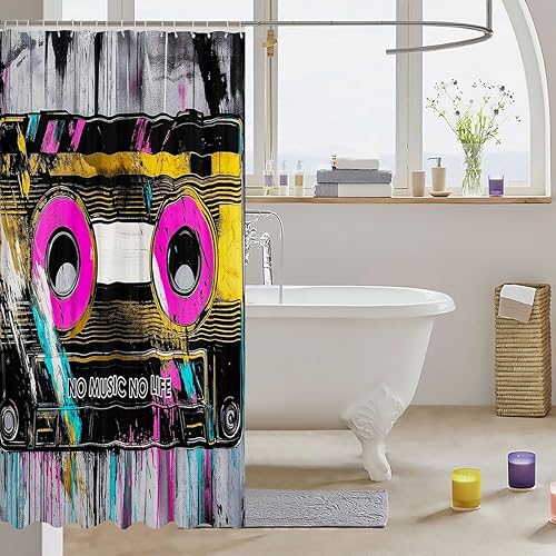 Miniatura 3 de Feelyou Cortina de ducha musical para decoración de baño, cinta de casete, cortina de baño de música, accesorios de baño, tela de poliéster