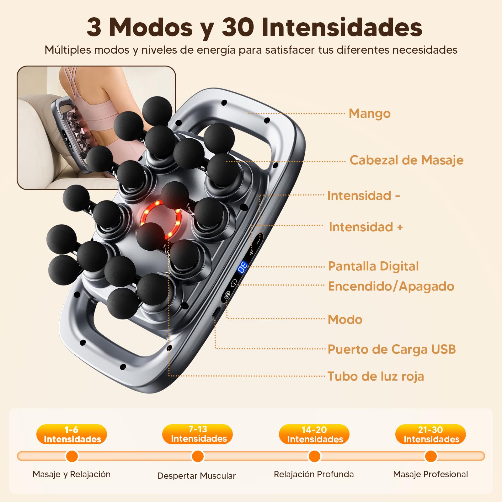 Pistola de Massaggio Muscolare Profesional de 20 Cabezales con Luz Roja - Pistola Masajeadora 1800mAh con Pantalla LED, 30 Velocidades Ajustables y 3 Modos para Cuello, Brazos, Pantorrillas