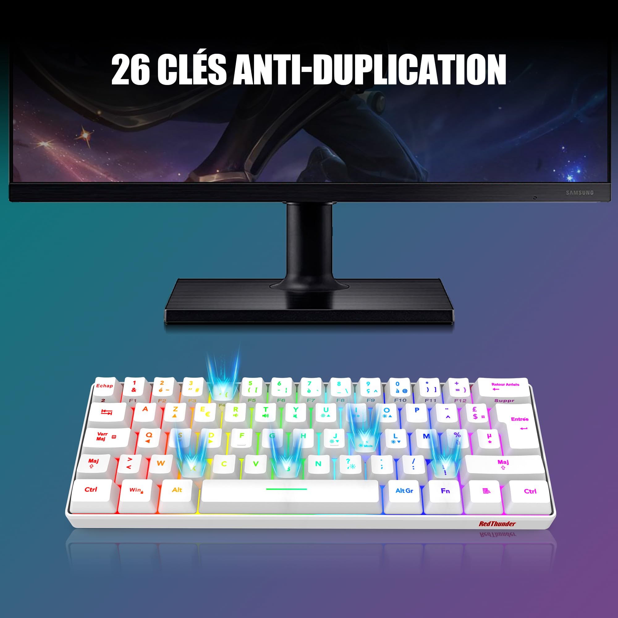 RedThunder 60% Set di tastiera e mouse 2 in 1 Gamer, AZERTY FRANCESE, Mini tastiera ultra-compatta retroilluminata RGB 62 tasti, mouse leggero 6 pulsanti 7200 DPI per PC Mac PS5 Xbox (bianco)