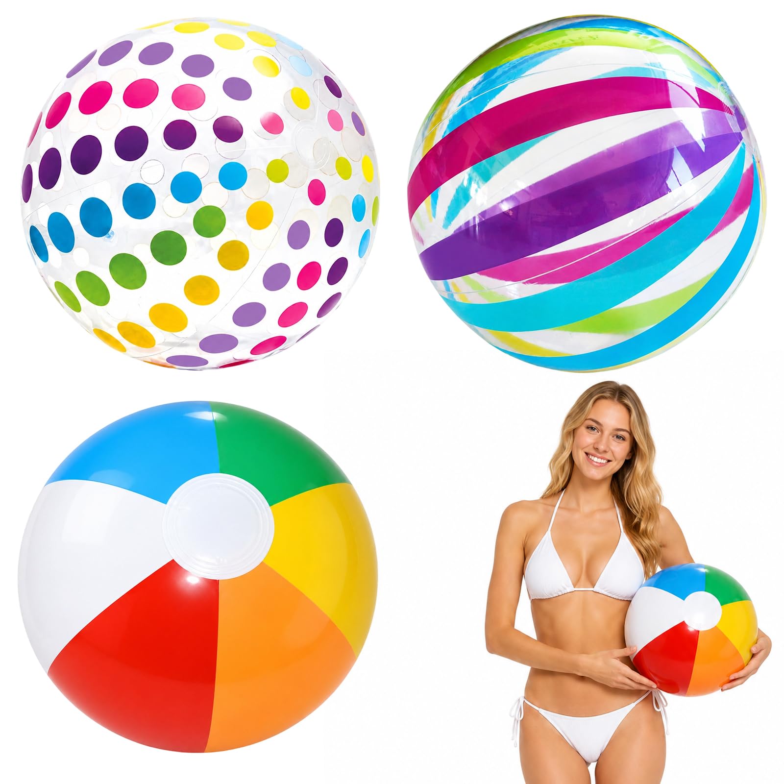 JaiZvt Inflatable Beach Ball, Inflatable Ball, 3PCS Water Activities, Blow Up Ball for Swimming Pool and Beach Games Collection with Polka Dot, Transparent Stripe and Multicolor Designs
