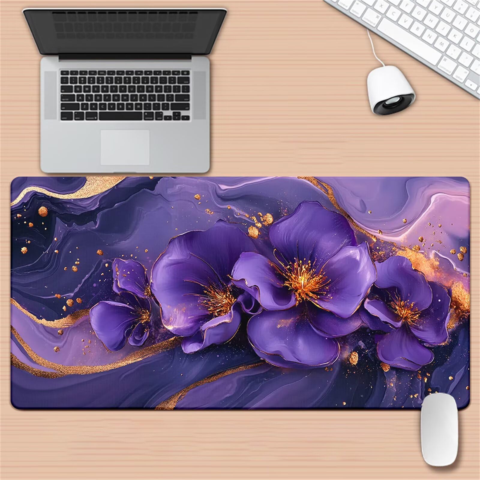 Alfombrilla de Ratón Gaming XXL 1000x500x2mm - Mármol Flores Moradas - Alfombrilla Escritorio Grande con Base Antideslizante y Bordes Cosidos para PC, Oficina