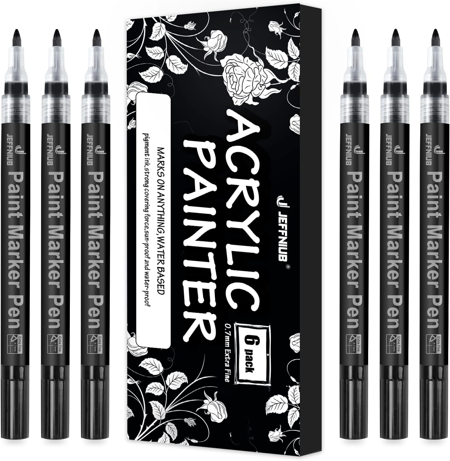6 Black Permanent Marker pens, Acrylic Paint Pens for Rock Painting, Glass, Ceramic, Stone, Fabric, Wood, Canvas, Pebbles, Craft, Writing and DIY Projects - Fine Point 0.7mm
