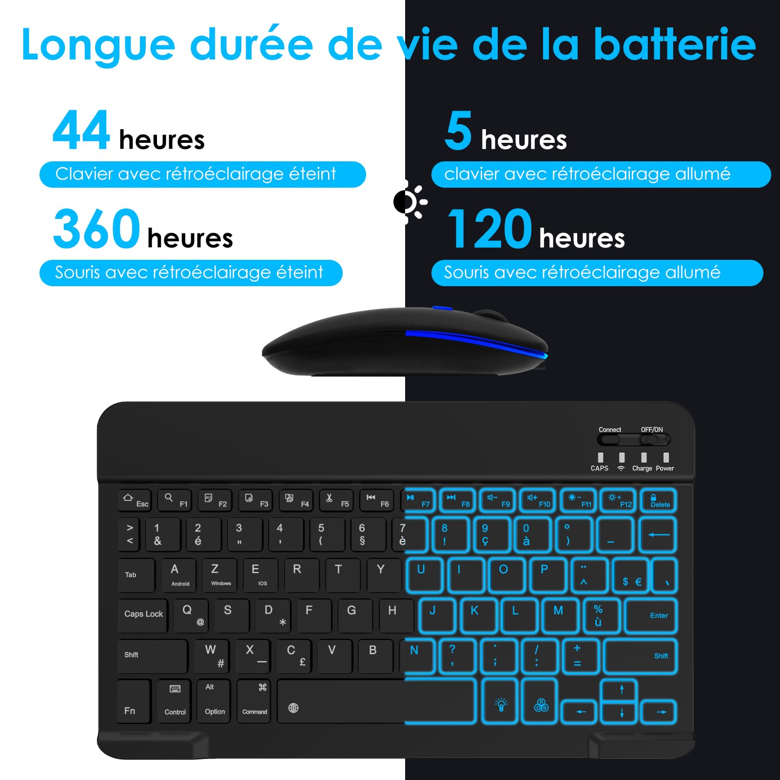 LAMA Clavier et Souris sans Fil rétroéclairés 7 Couleurs, Clavier Universel Ultra Fin Rechargeable, Clavier Bluetooth Portable pour iPad/Tablette/iOS/Android/Windows/téléphone, Rétroéclairage Noir