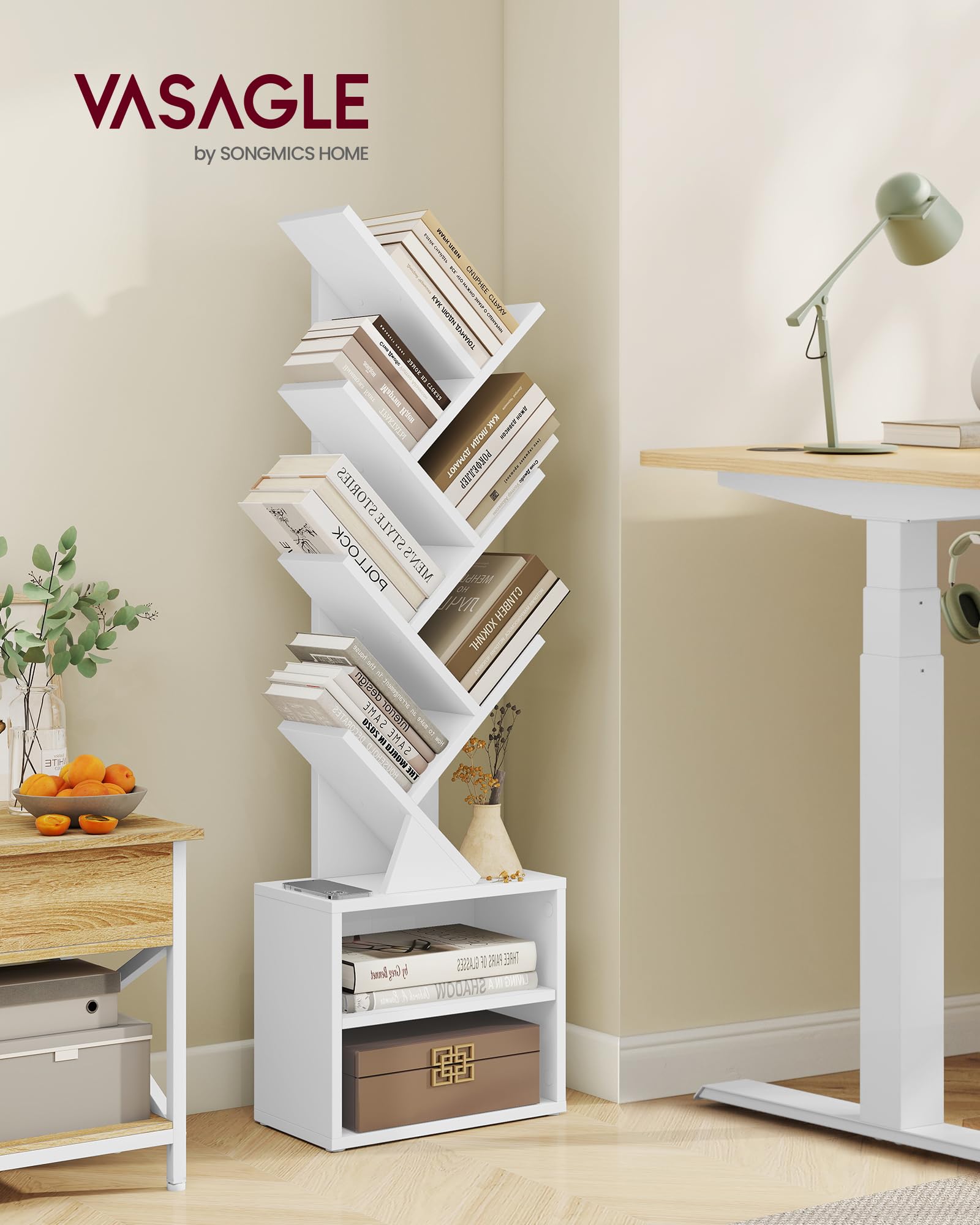 VASAGLE Custos Collection - Bibliothèque Arbre, Bibliothèque Moderne sur Pied, pour Chambre, Salon, Bureau, avec 2 Compartiments, 20,3 x 38 x 123,2 cm, Blanc Nuage LBC607WB01