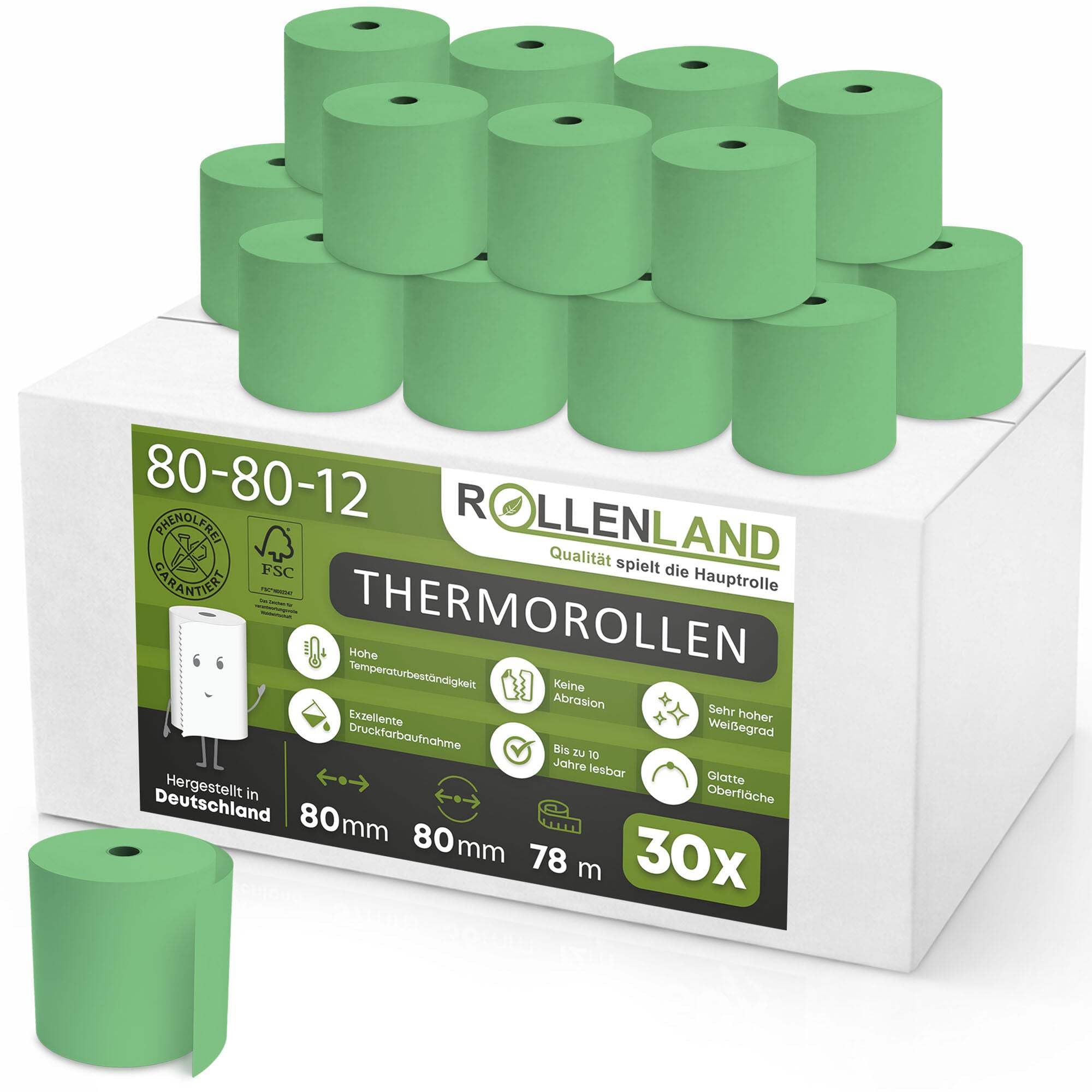 ROLLENLAND 30 farbige Thermorollen 80x80x12 [78 m Lauflänge & grün] Kassenrollen, Bonrollen, Thermopapier Rollen, BPA frei, 55 g/qm
