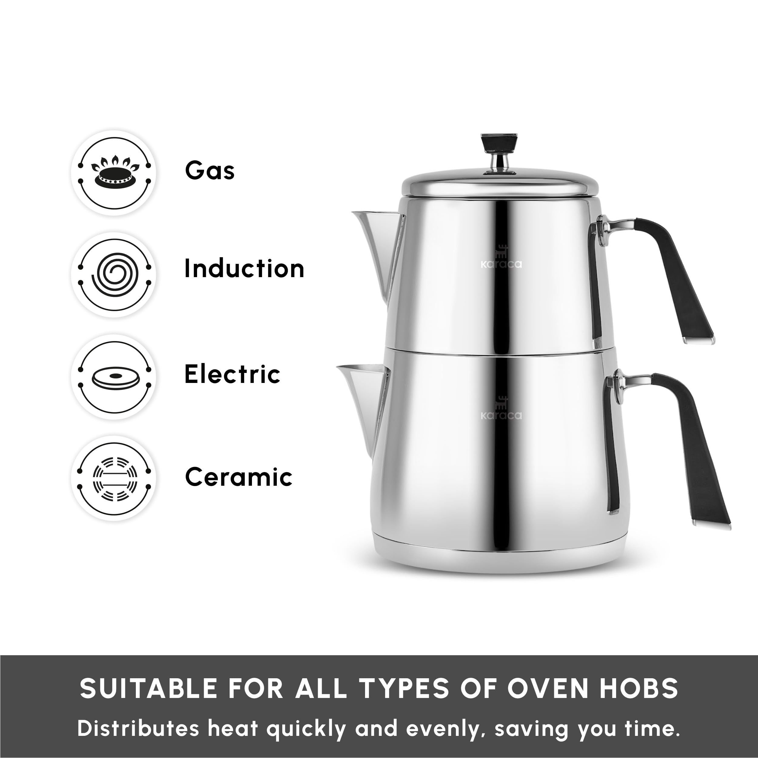 Karaca Fiona Schwarzes Türkisches Teekannen-Set, Induktionsgeeignet, 1L Teekanne & 2L Teekessel aus Edelstahl, Spülmaschinenfest, Türkische Teekanne, Teekocher, Tea Maker, Caydanlik, Demlik
