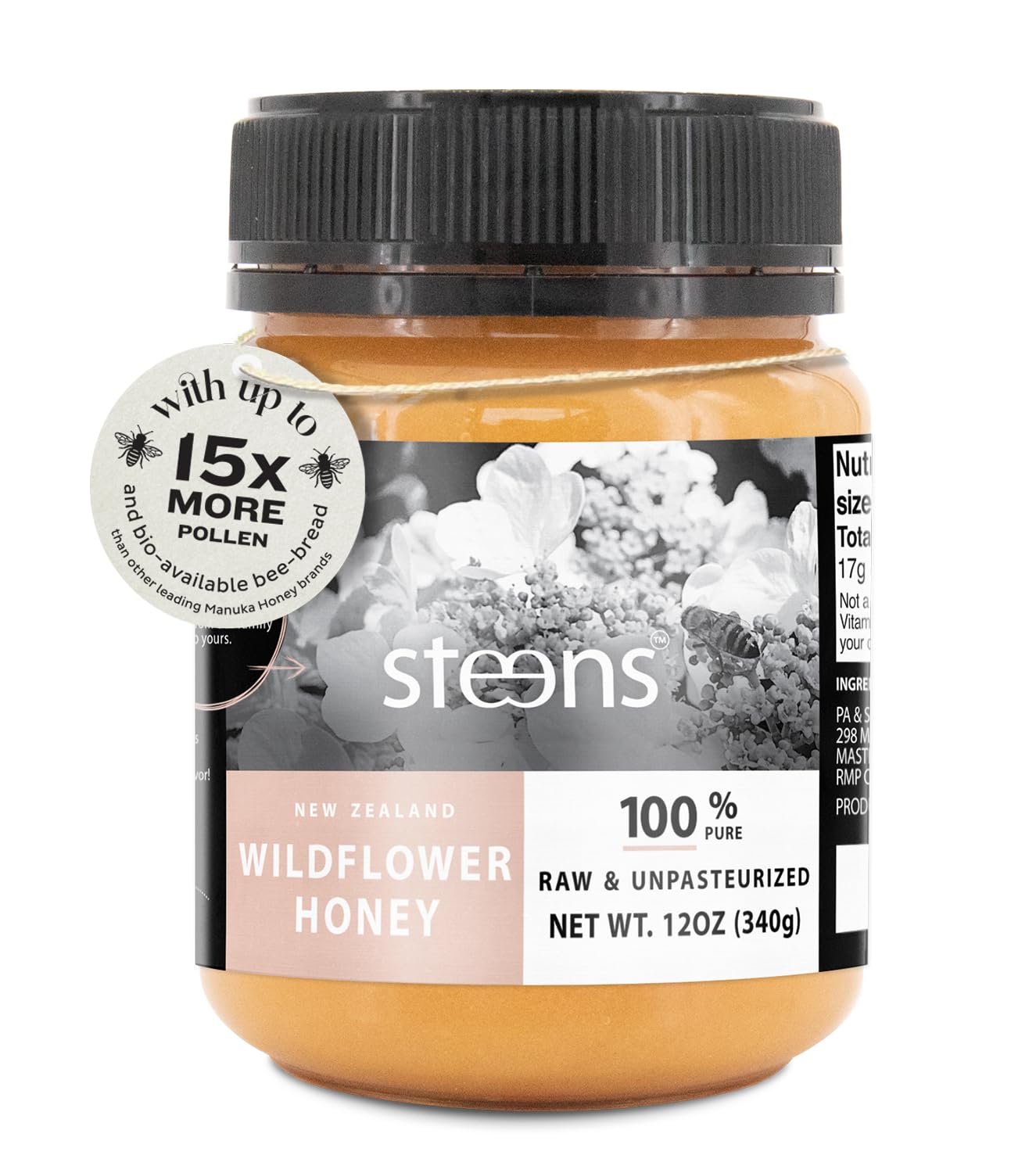 SteensNew Zealand Wild Flower Honey, Unpasteurized Natural Honey, Whole Comb Processed Raw Honey for Face and Oral Consumption, Cold Pressed Multifloral Honey, 12 oz Jar