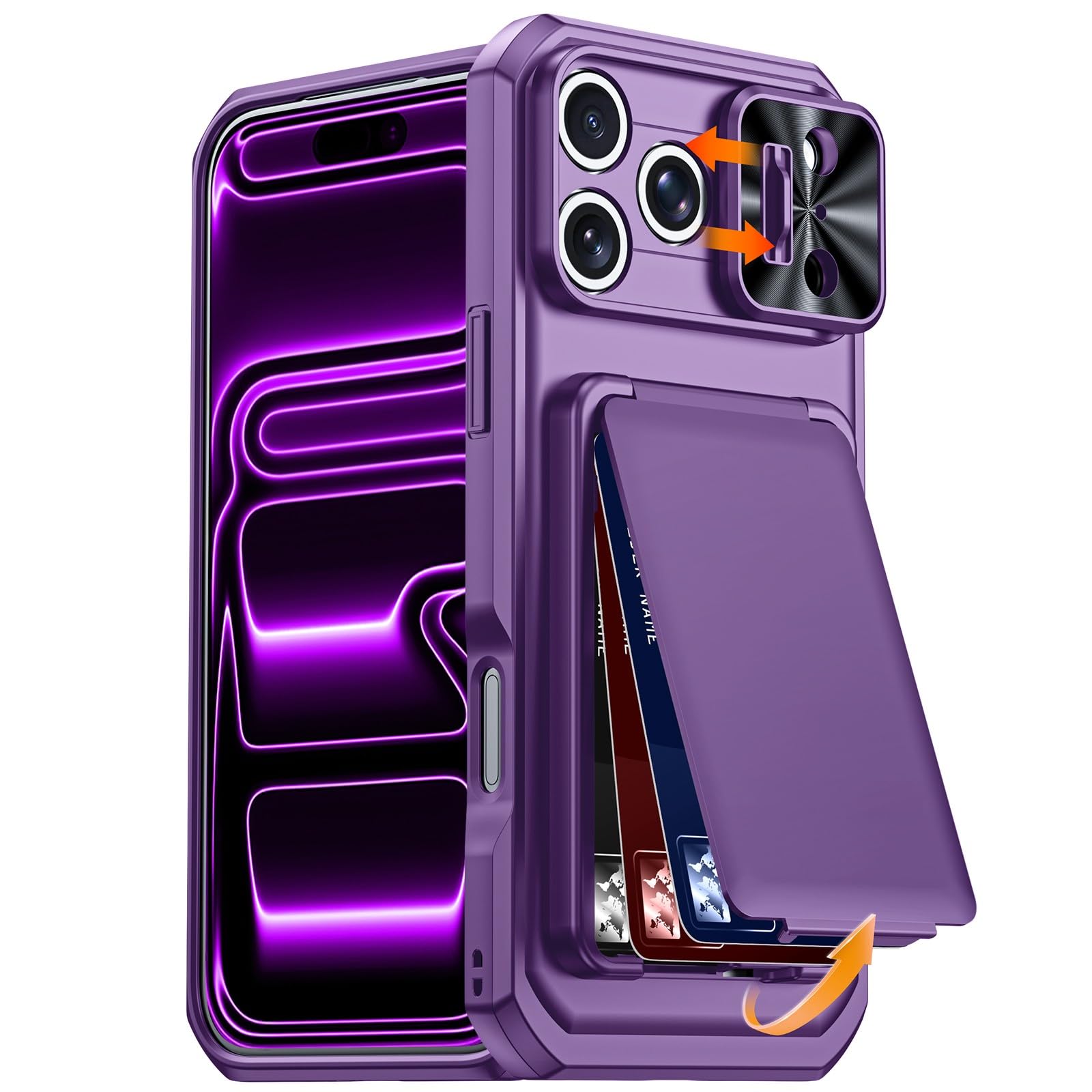 Étui iPhone 16 Pro Max violet avec protège-objectif et fentes cartes