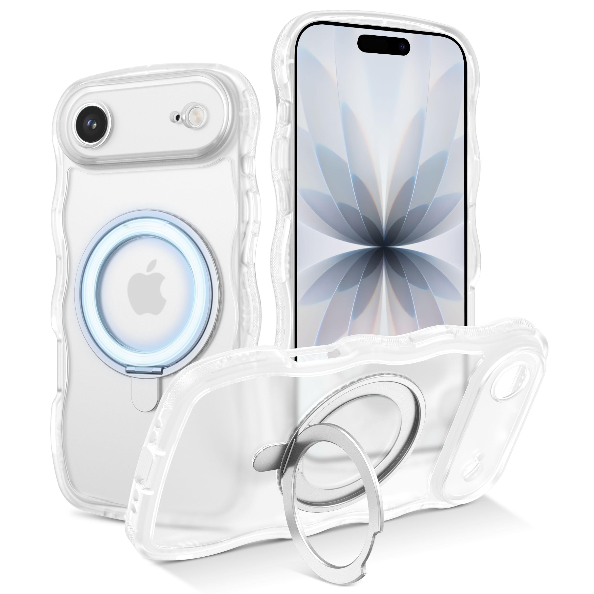 GUAGUA iPhone Airケース マット肌触り ウェーブ Magsafe対応ケース いPhone Airワイヤレス充電 回転スタンド ソフトうねうね かわいい 人気 韓国 耐衝撃 おしゃれ 黄ばみなし あいふおん Air米軍規格 耐衝撃 マグセーフ リング マグネット ストラップホール付き なみなみ アイフォン17 Air用カバー（白い）