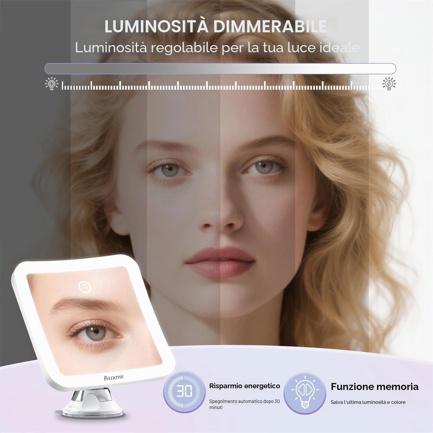 Auxmir Specchio Ingranditore 30X Ricaricabile, Specchio Trucco con 3 Colori di Luce LED, Luminosità Regolabile Ventosa Potente, Specchio Cosmetico da Bagno