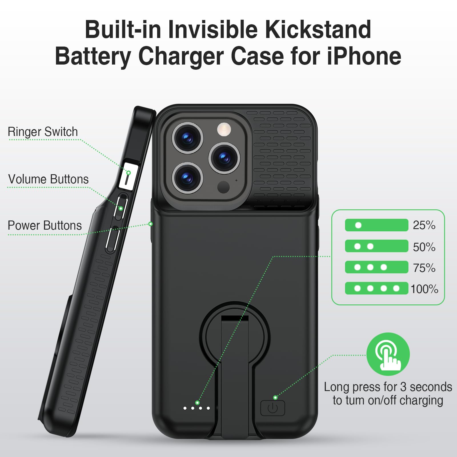 BOPPS Funda de carga de batería para iPhone 13 Pro Max/14 Pro Max/14 Plus【con soporte y Carplay】 8000 mAh, portátil, recargable, fuerte, funda de carga extendida para iPhone, color negro