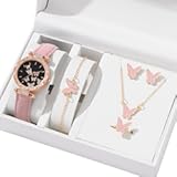 KANGQL Women Watch&comma; 6pcs&sol;Set Luxury Watch Women Rings Necklace Earrings Bracelet Set Butterfly Leather Strap Watches Lady Wristwatch
