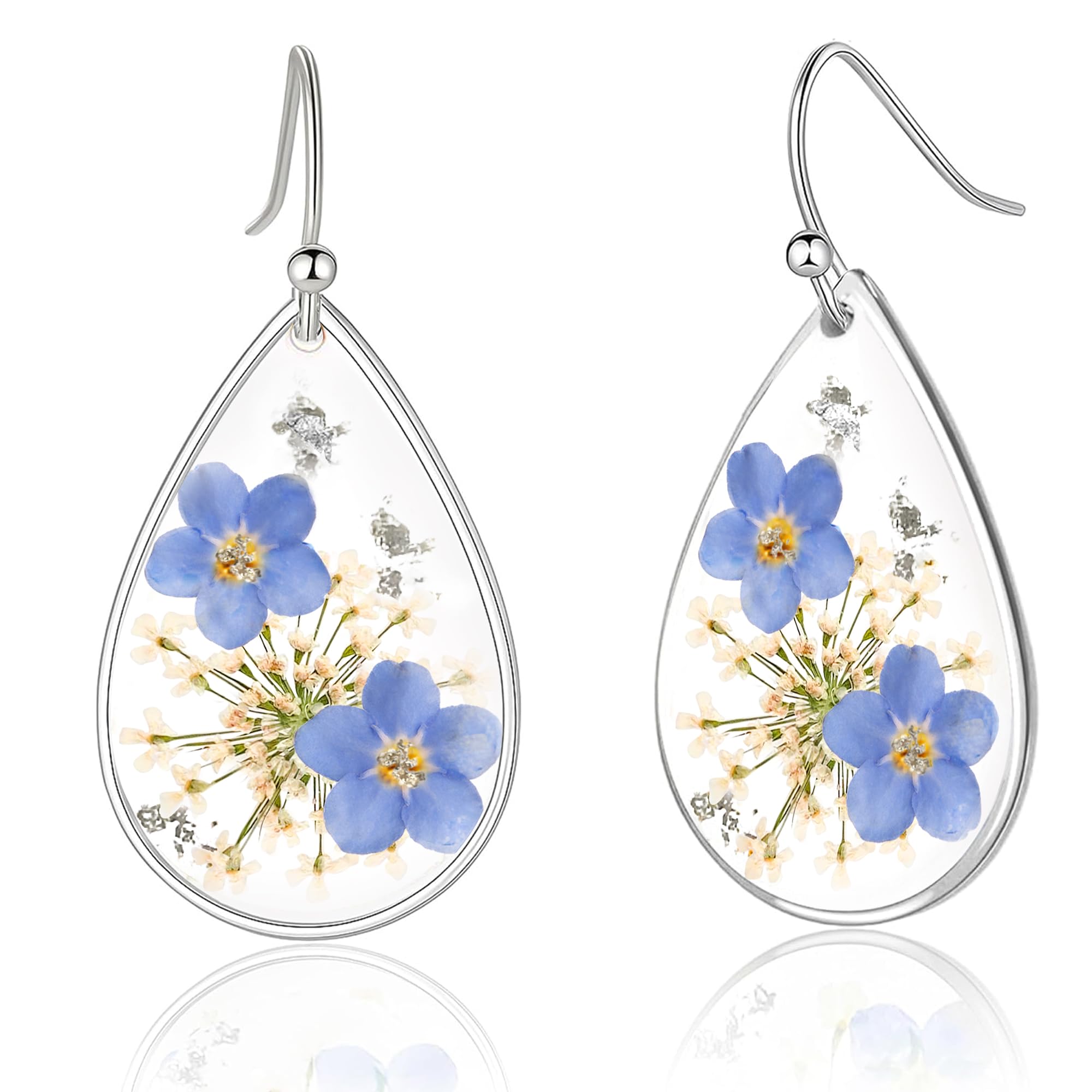 Forget Me Not and Queen Annes Lace Pressed Wildflower Earrings Dainty Sterling Silver Drop Dangle Earrings for Women