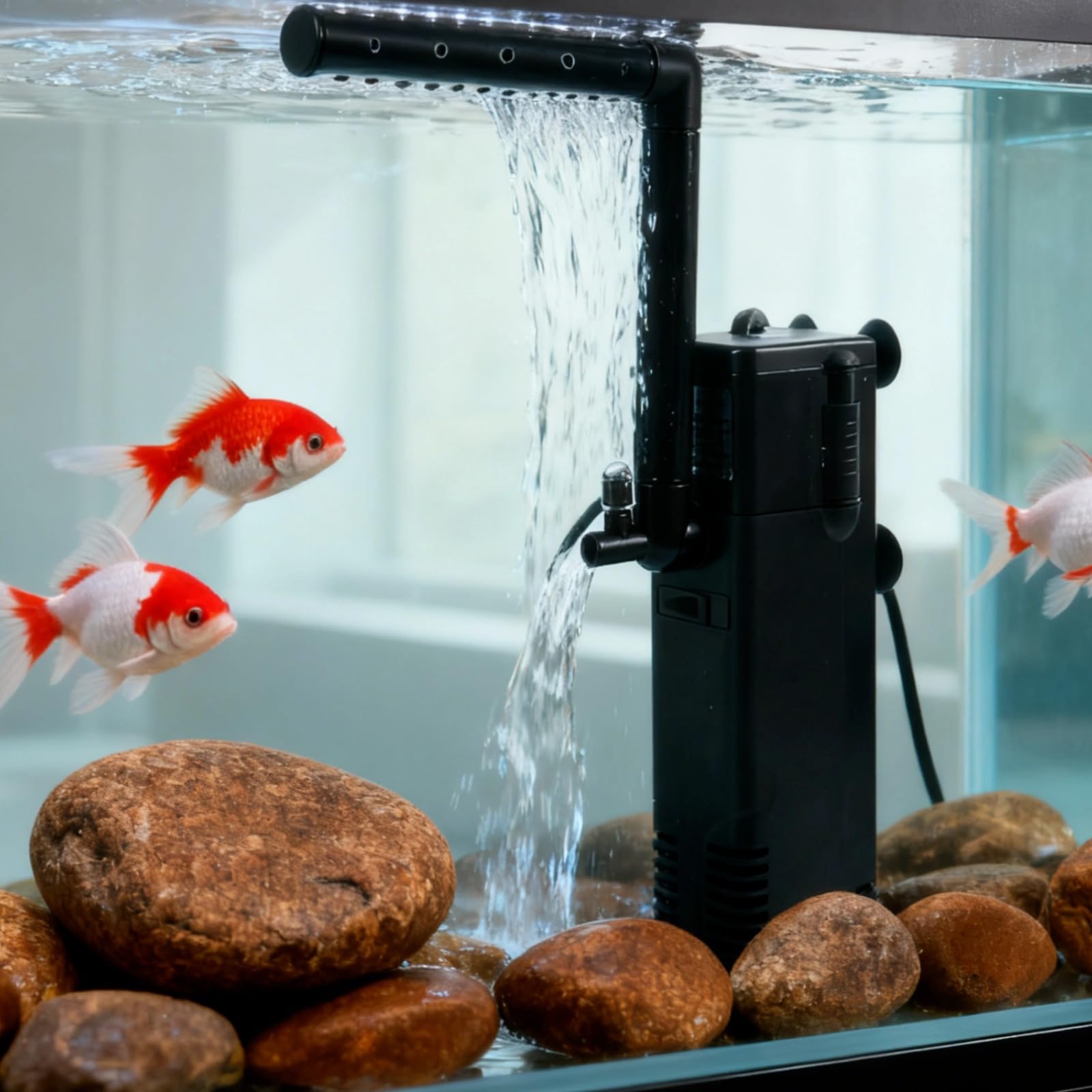 AP-1000L Innenfilter für Aquarium, 3-in-1-Tauchpumpe für Fischbecken und Schildkrötenbecken, mit Aktivkohle, einstellbarem Durchfluss, für niedrigen Wasserstand, kompakt, 17 x 4,8 x 4 cm