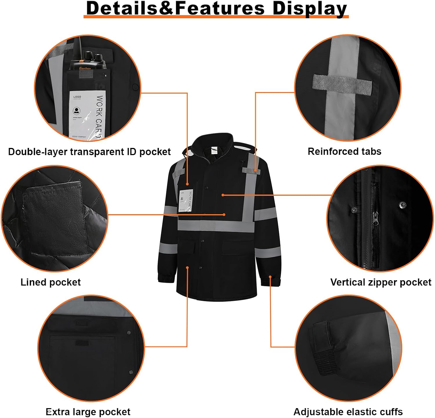 Waterproof Safety Work Jackets for Men with Pockets, High Visibility Reflective Jacket with Black Bottom, Long Type Hi Vis Rain Jacket Coats, Class 3, CJK-Black 4X-Large - Image 5
