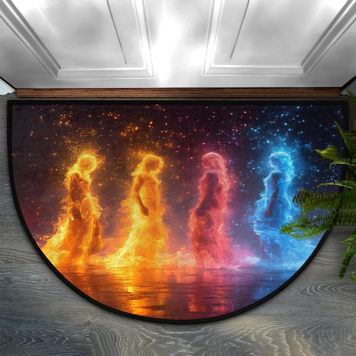 Half Round Door Mat Abstract Fire Yellow Half Moon Rug Washable Half Circle Area Rugs Indoor Entrance Non Slip Semi Circle Bathroom Rugs Floor Carpet for Kithen Bedroom Fireplace Decor