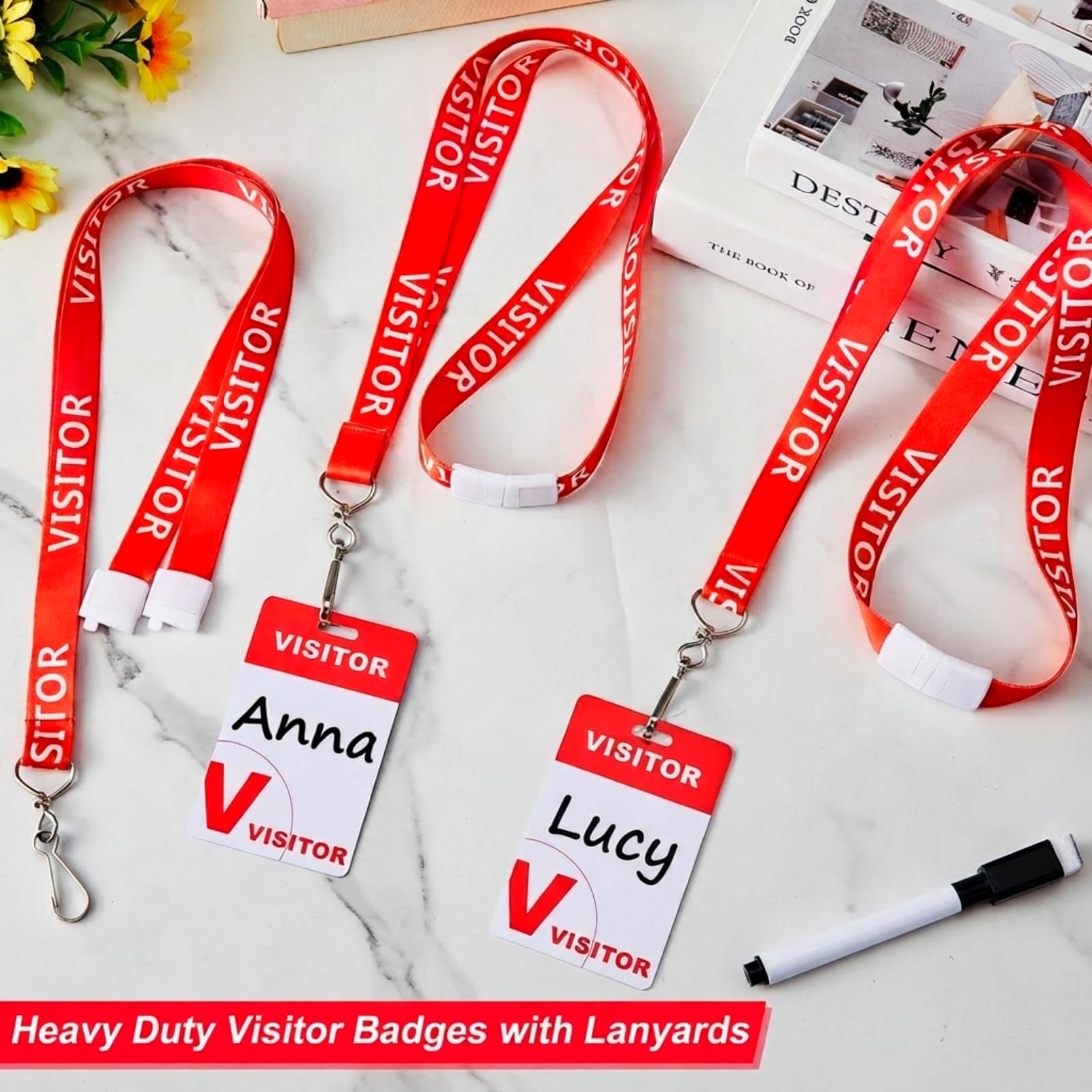 50 Sets Badges de Visiteur Robustes avec Cordons 50 Pcs Badge Nominatif d'Invité Badge de Nom pour Visiteur Porte-Nom en Plastique avec 50 Lanières de Visiteur Rouge pour École Entreprise