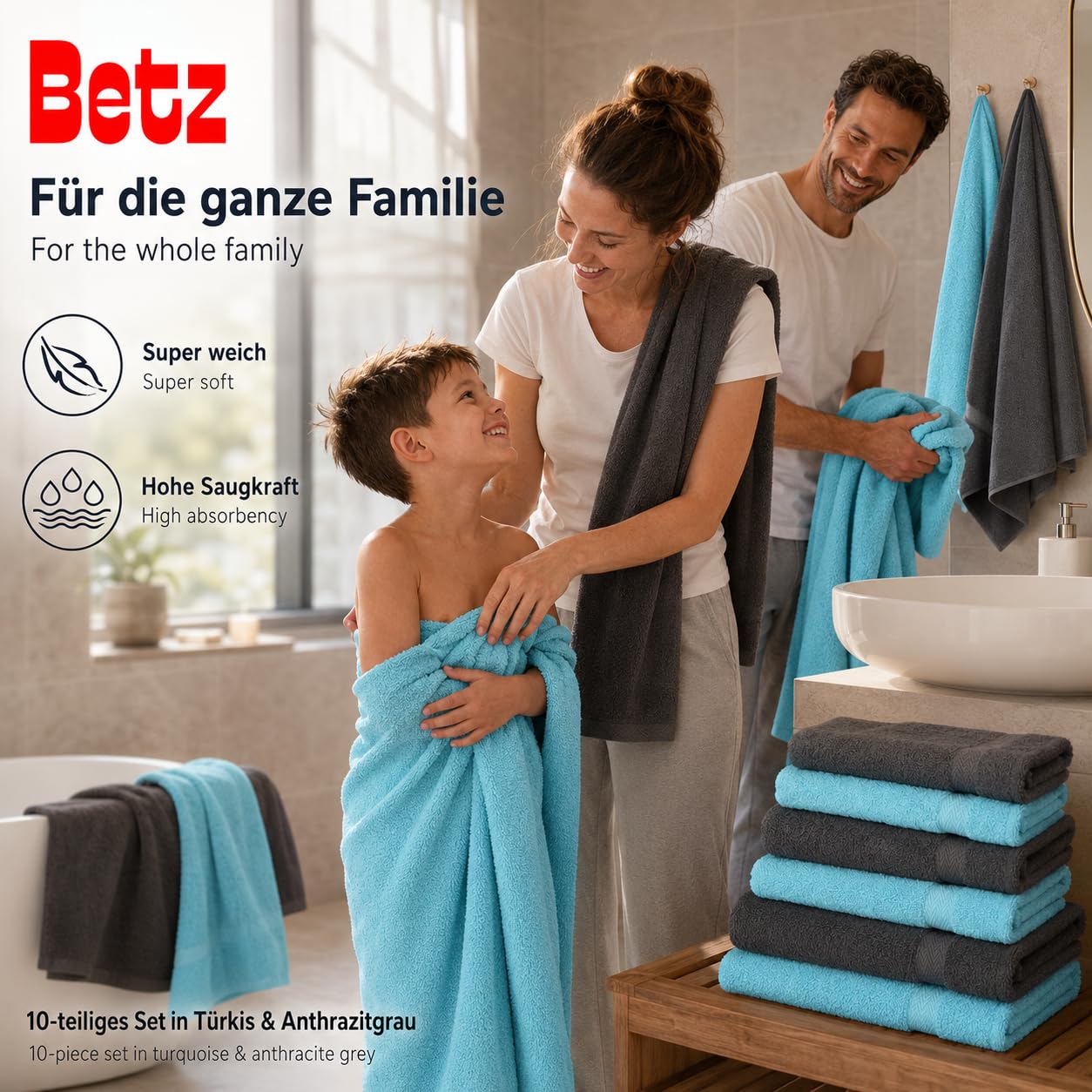 Betz Juego de 10 Toallas Classic 100% algodón 2 Toallas de baño 4 Toallas de Lavabo 2 Toallas de tocador 2 Toallas faciales de Color Turquesa y Gris Antracita