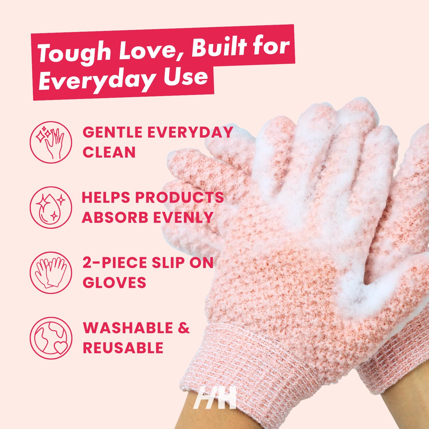 Handmade Heroes Tough Love Peeling-Handschuhe, 2 Stück, wiederverwendbar, Körperpeeling, Waschlappen, Handschuh für Dusche, Bad & Spa, Entfernung abgestorbener Haut, eingewachsenes Haar