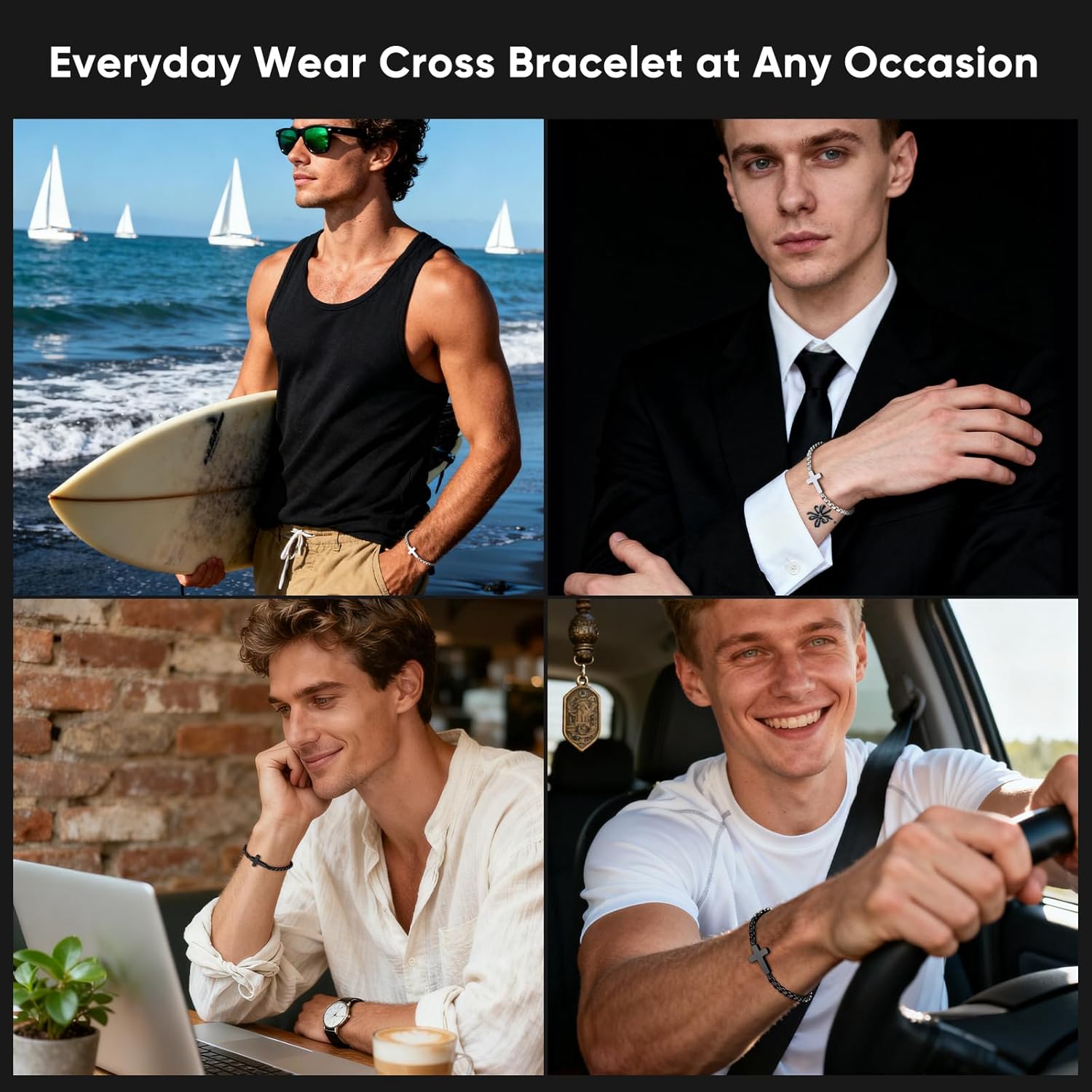 Cross Bracelet for Men,Christian Cross Link Chain,Stainless Steel Bracelets Rolo Chain,Non Tarnish Black Bracelets Bayonet Clasp,Valentine's Day Gifts Idea for Men,Son,Husband,Baptism,Easter,Birthday - Image 6