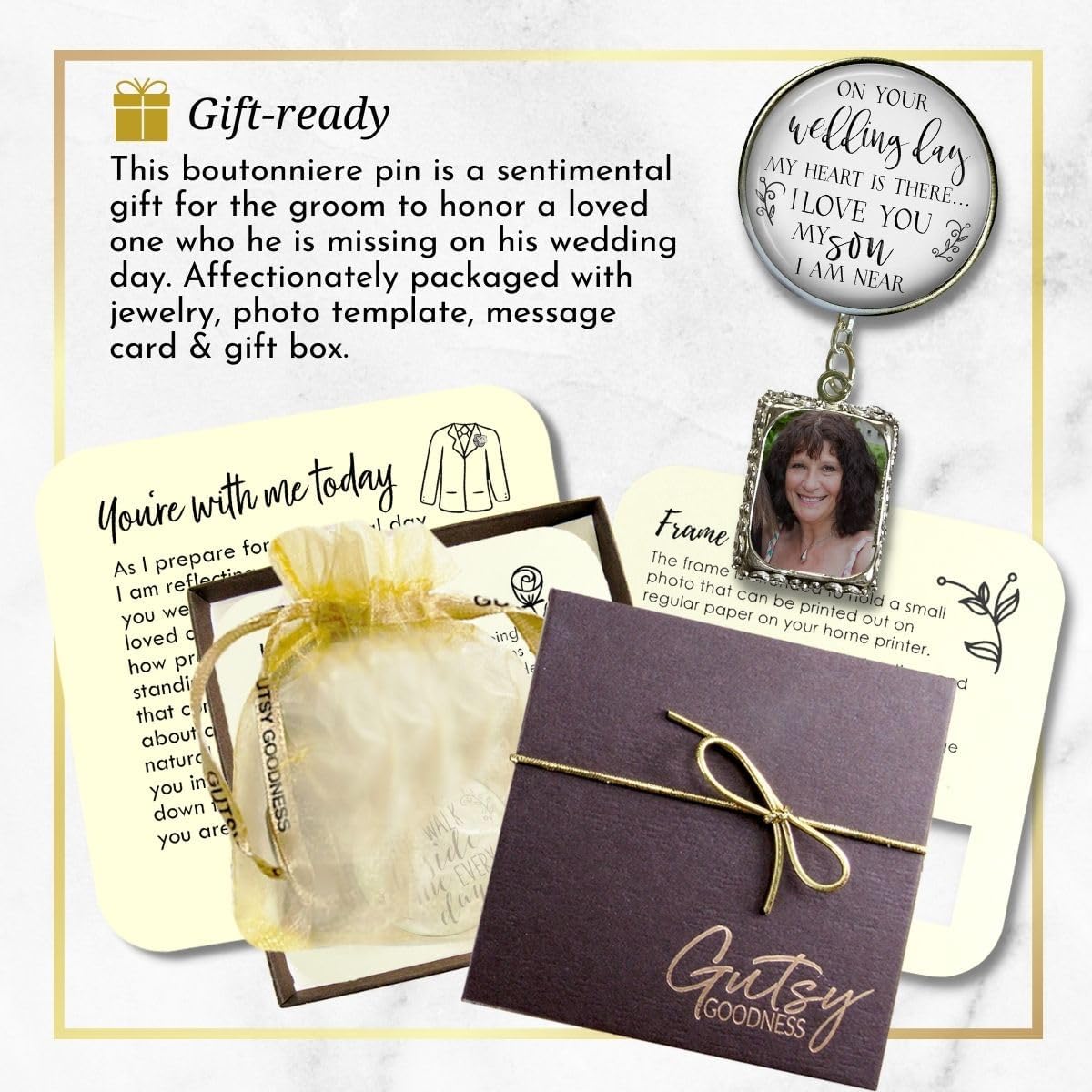 Groom's Boutonniere Pin Mom or Dad Remembrance On Your Wedding Day My Son Memorial Photo Charm for Lapel Jewelry - Handmade Pendant Parent Memory Picture Frame Men's Brooch - Card & Gift Box - Image 8