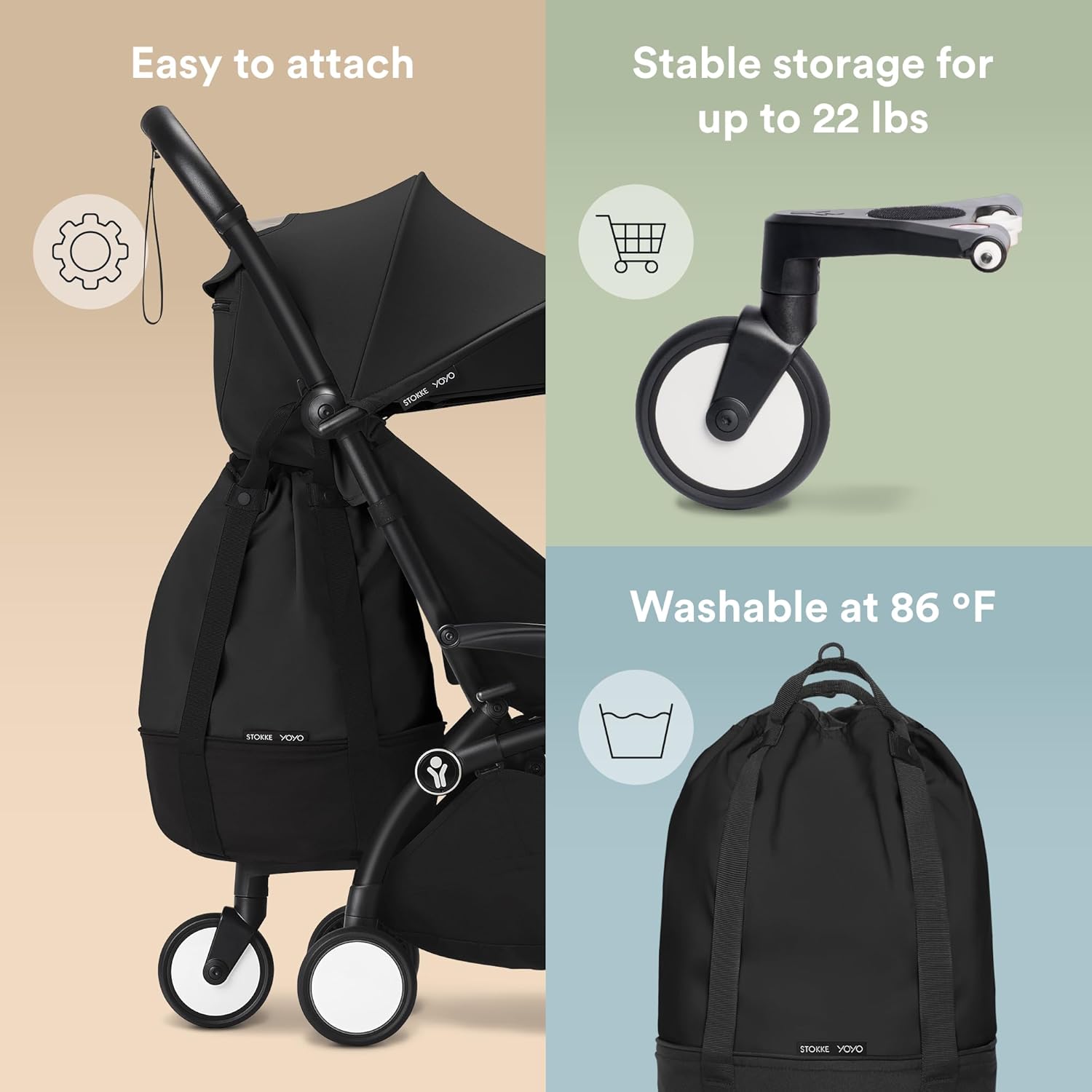 Stokke YOYO Bag, Black - Provides Additional, Sturdy Storage on The YOYO3 Stroller - Includes Wheel Base & Hooks