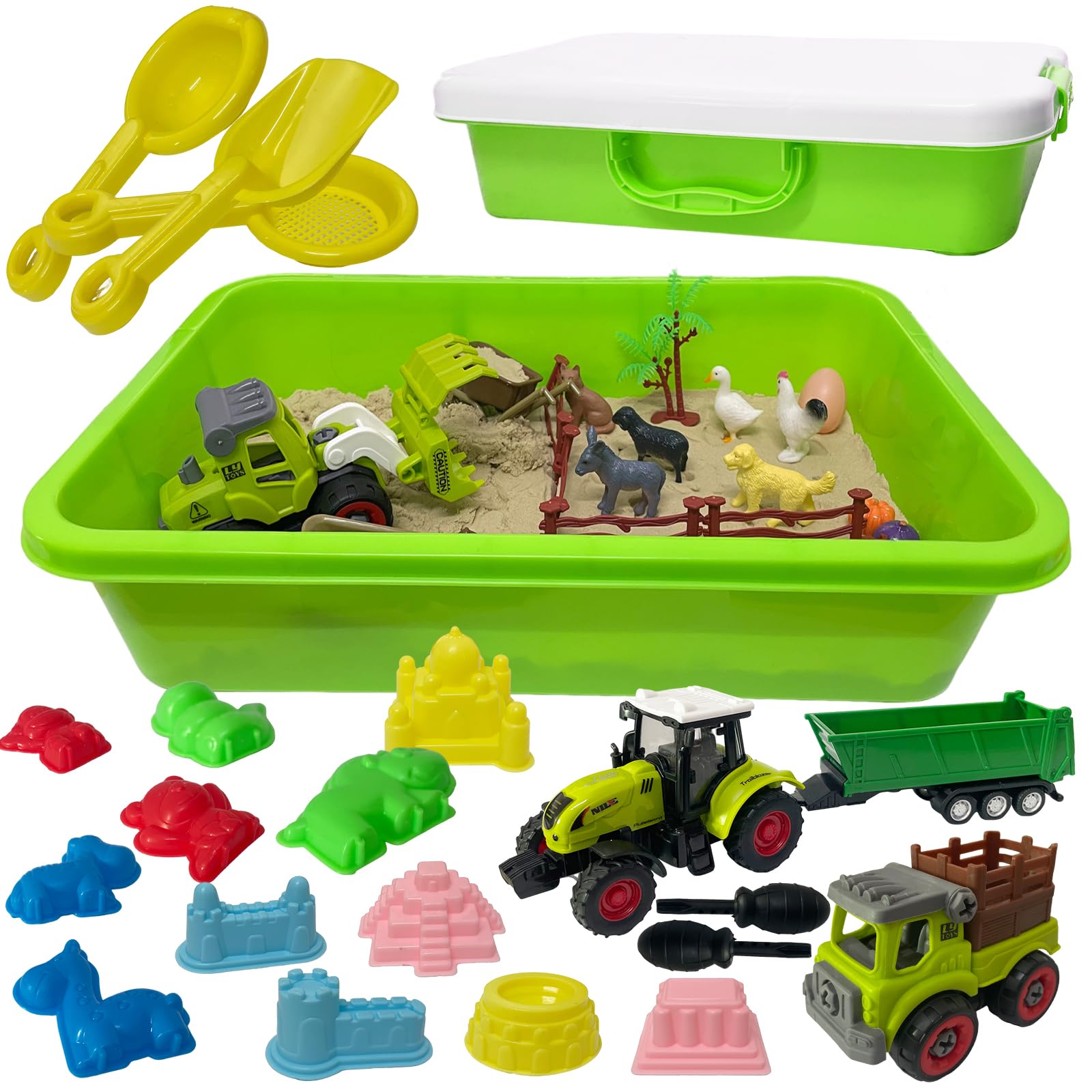 Kalysky Farm Sensory Bin with 2.2lbs Play Sand for Toddlers 3-5+, Tractors Playset, Farm Animals, Barn Accessories and Sand Castle Building Kit, Sandbox with Lid for Kids Ages 4-8