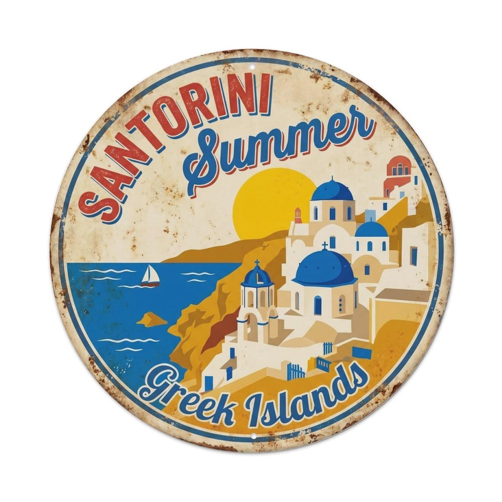 Vintage Travel Santorini Summer Greece Metal Tin Sign Plaque Wall Decor for Cafe, Club, Garden Round Metal Poster 8x8Inch
