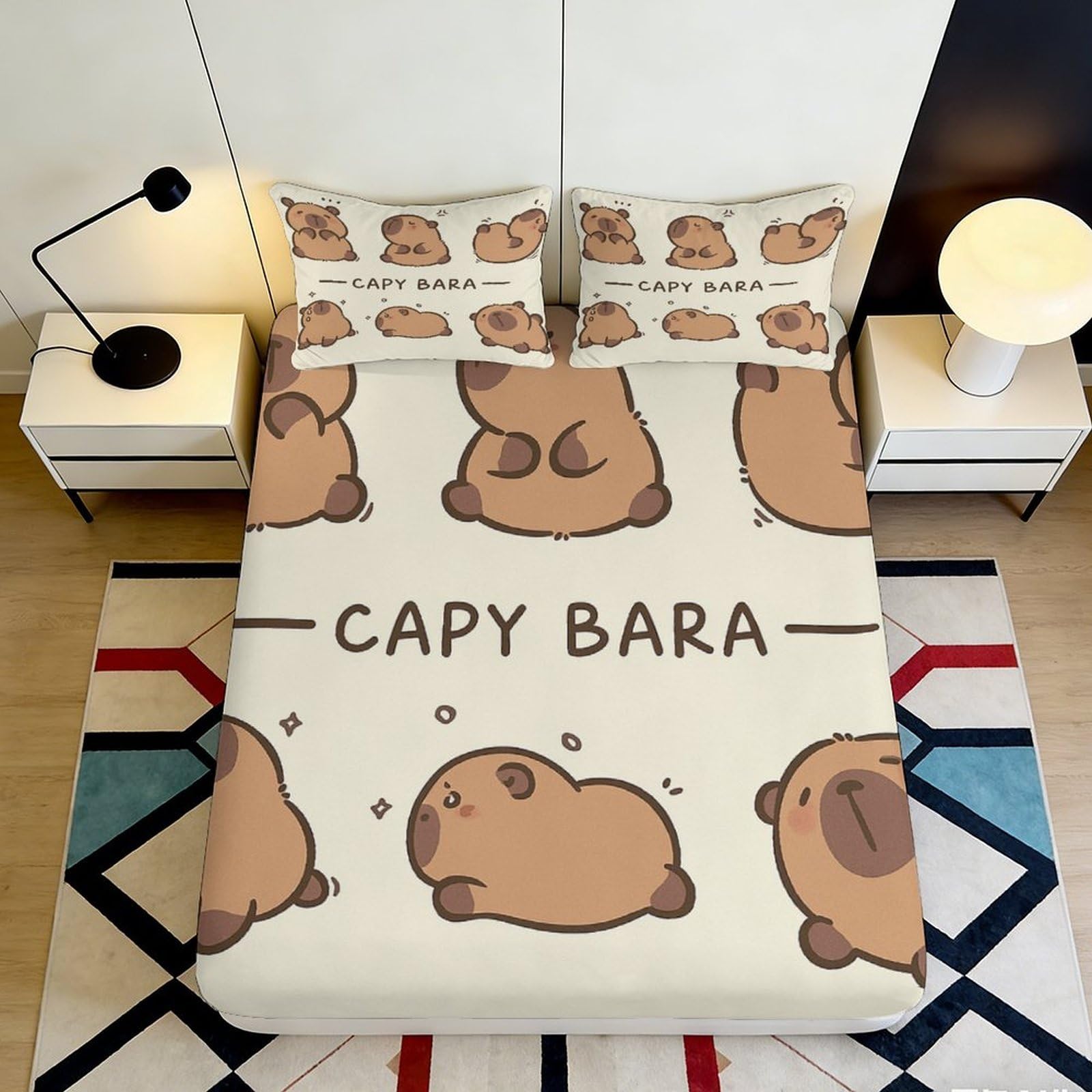3D Printed Capybara Cartoon Fitted Sheet Microfiber Soft Breathable Animal Bed Sheet for Bedroom Dorm Decor 90x200x25cm