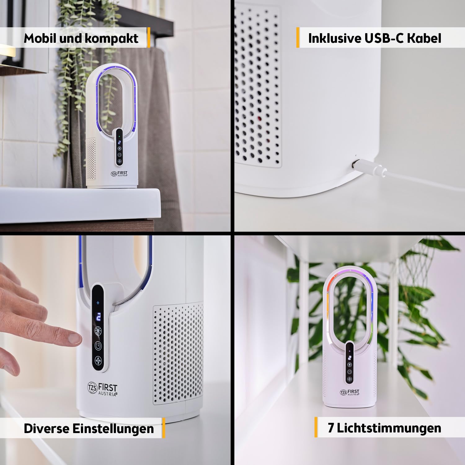 TZS First Austria - Akku Tischventilator - 5W - 3 Stufen & Timer - Leiser Turboloser Ventilator mit 7-Farben Nachtlicht & USB-C - Touch-Bedienung - Weiß