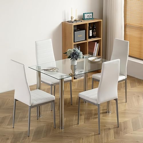 i-POOK Juego de mesa de comedor de cristal para 4, mesa de comedor rectangular de vidrio de 43 pulgadas con 4 sillas de comedor tapizadas de