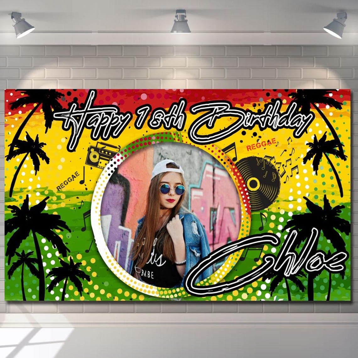 Personalised Birthday Banner Photo Backdrop Reggae Hip Hop Music Party Sign Poster Fabric Red Yellow Green Decoration 18th 21st 40th 50th