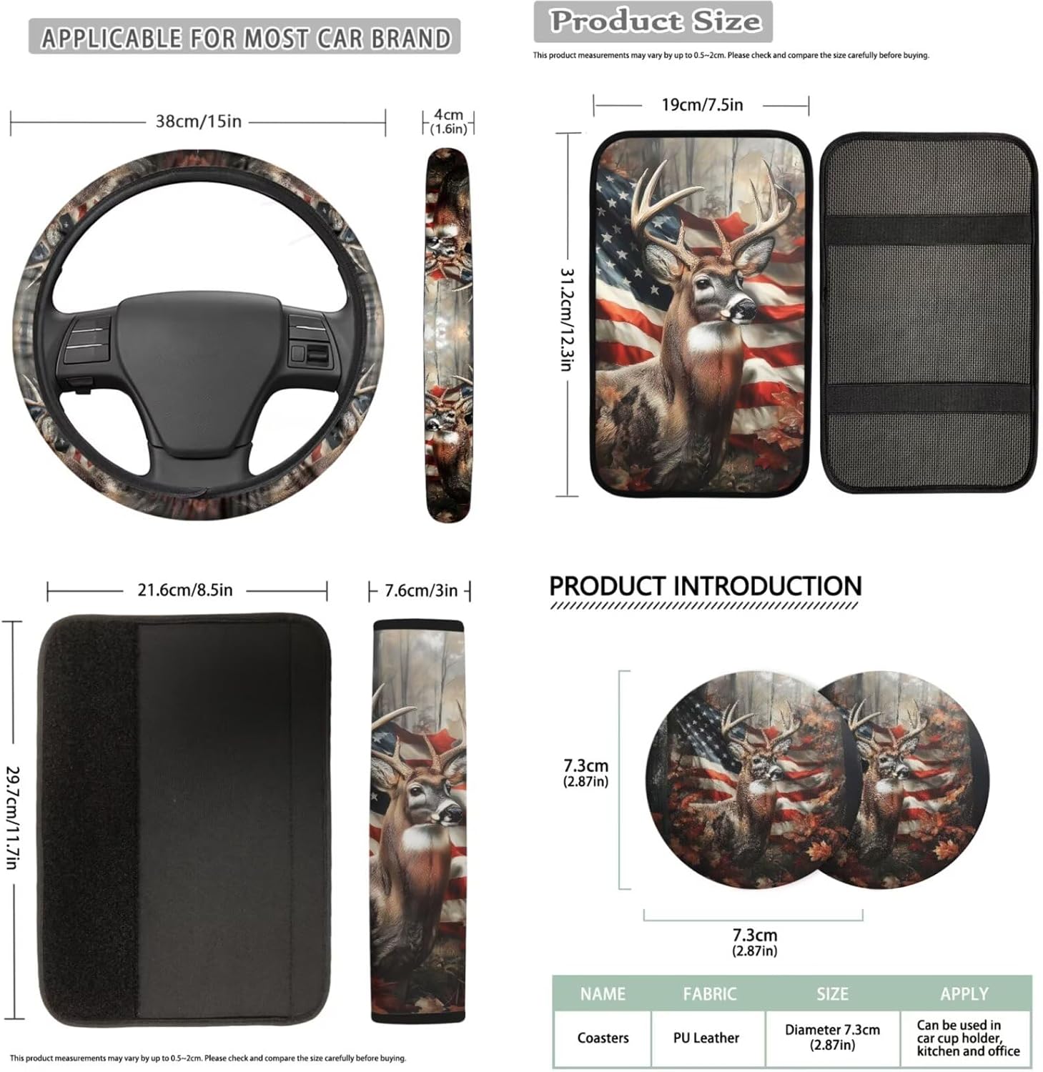 Bulopur Hunting Deer Camo Automotive Seat Covers with Car Steering Wheel Cover American Flag Elastic Armrest Cushion Pad Seat Belt Cushion Pad Keychain Automotive Interior Accessories Set