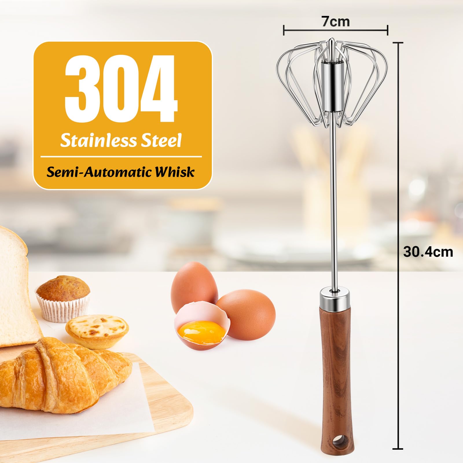 Euqvunn 12 Pollici Frusta da Cucina Semi-Automatica, Sbattitore Manuale in Acciaio Inox con Manico da Appendere, Frusta a Mano per Cucinare, Sbattere e Montare - 3
