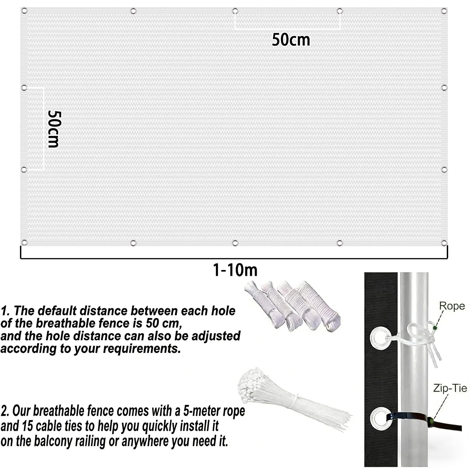 Telo Balcone 110 x 900 cm in HDPE 220G ㎡, Frangivento, Protezione Solare, Permeabile, Anti-Uv, Recinzione Copertura per Balcone con Fascette e Funi para Exterior Terraza, Bianco