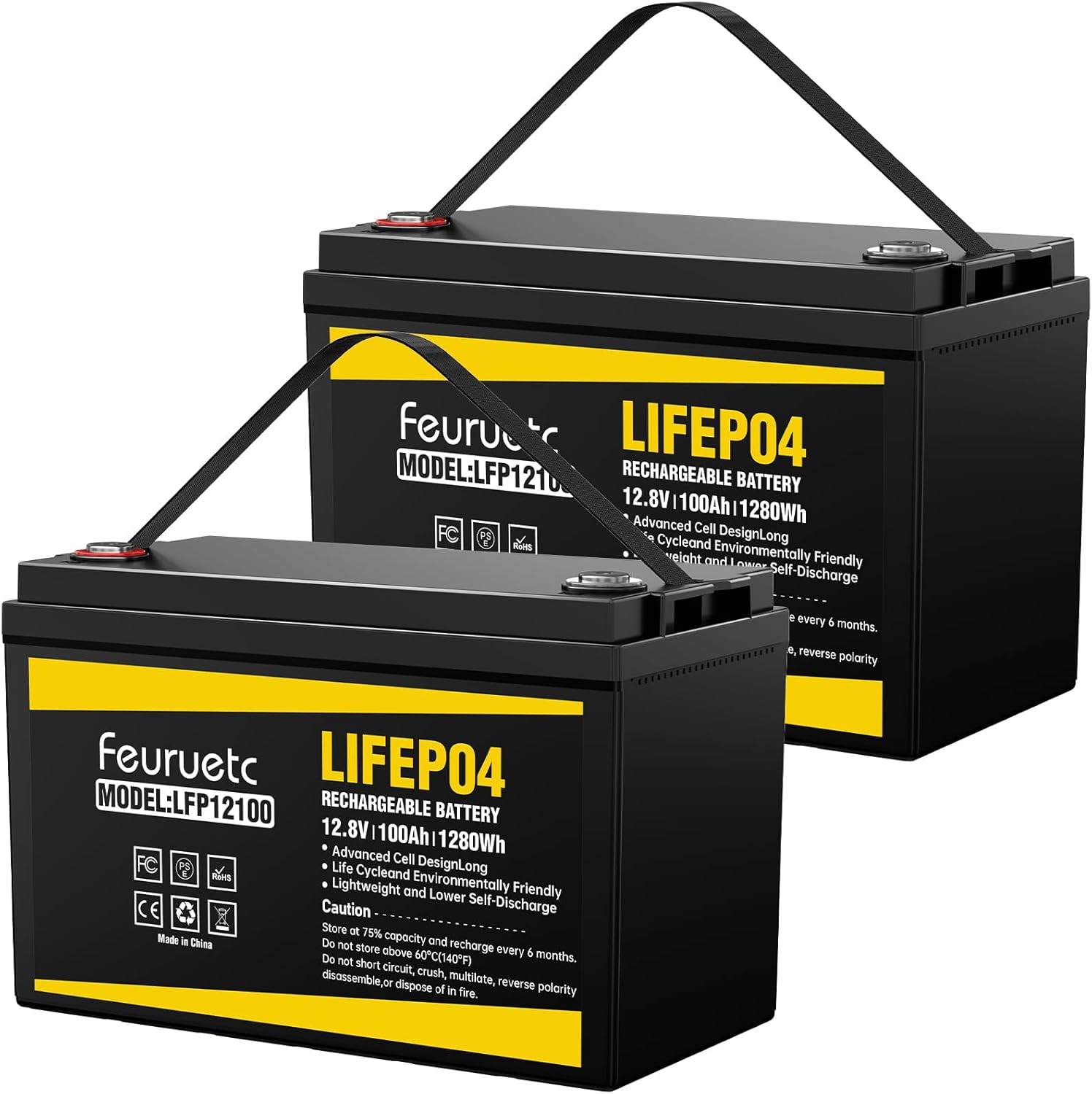 2 Pack 12V 100Ah LiFePO4 Solar Battery – Deep Cycle Lithium Battery for Solar Systems, Off-Grid, RV, Marine, and Backup Power with 15000+ Cycles, Lightweight, Maintenance-Free