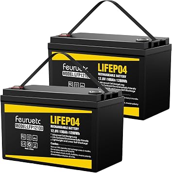 2 Pack 12V 100Ah LiFePO4 Deep Cycle Lithium Battery 15000+ Cycles Solar Battery for Off-Grid Systems, RV, Marine, Solar Panels & Backup Power Lightweight, Maintenance-Free, High Performance