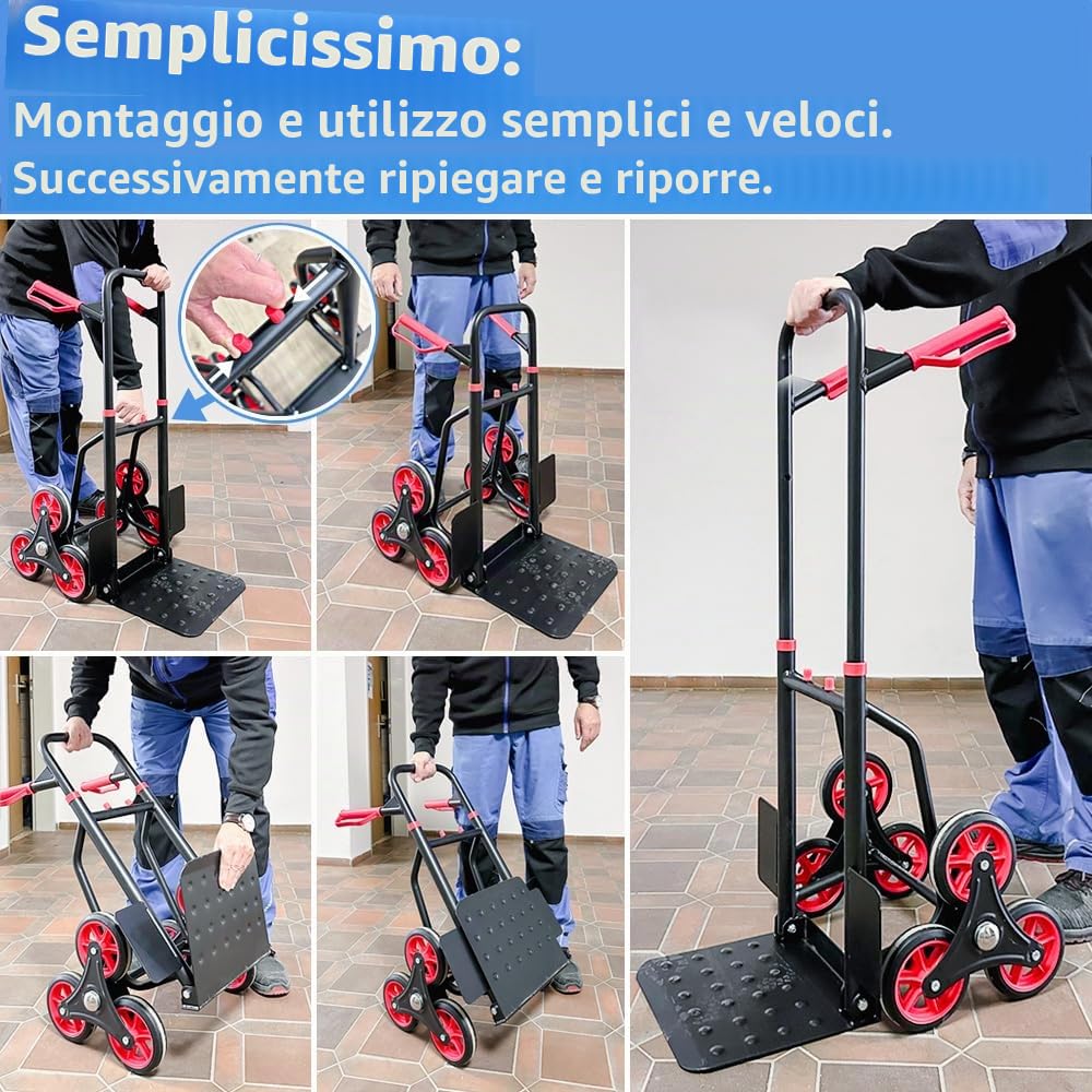 Carrello per scale da 150 kg, impilabile, carrello per il trasporto delle scale, pieghevole, colore: nero