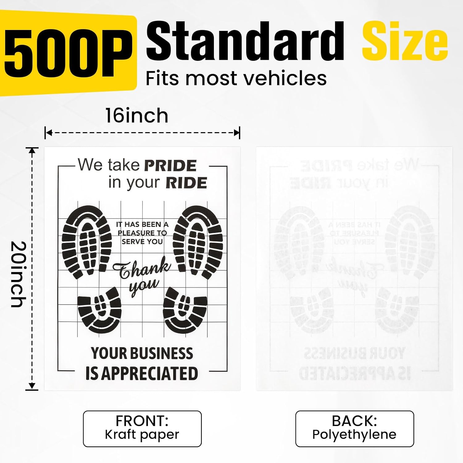 500 Pcs Paper Floor Mats for Cars, 16"x20" Disposable Car Floor Mats with Kraft Paper + PE Waterproof Layer, Temporary Vehicles Floor Protector, Paper Mats for Car Details