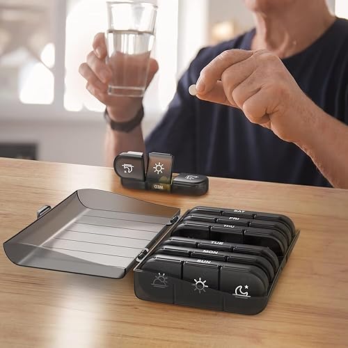 Miniatura 7 de PULIV Pastillero semanal 3 veces al día, pastillero portátil de viaje para 7 días con grandes pastilleros, pastillero a prueba de luz para