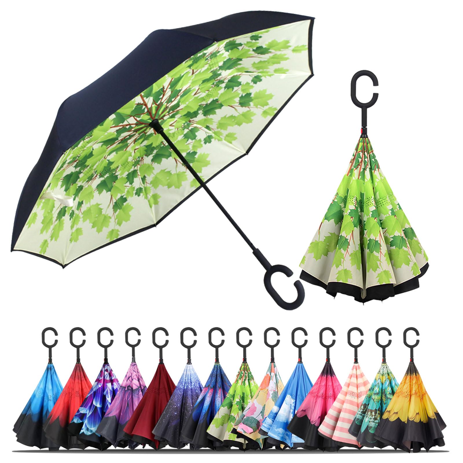 LLanxiry Inverted Umbrella, Windproof Reverse Umbrella with C‑Shaped Handle, Self-Standing, Double‑Layer Canopy for Car, Travel & Everyday Use