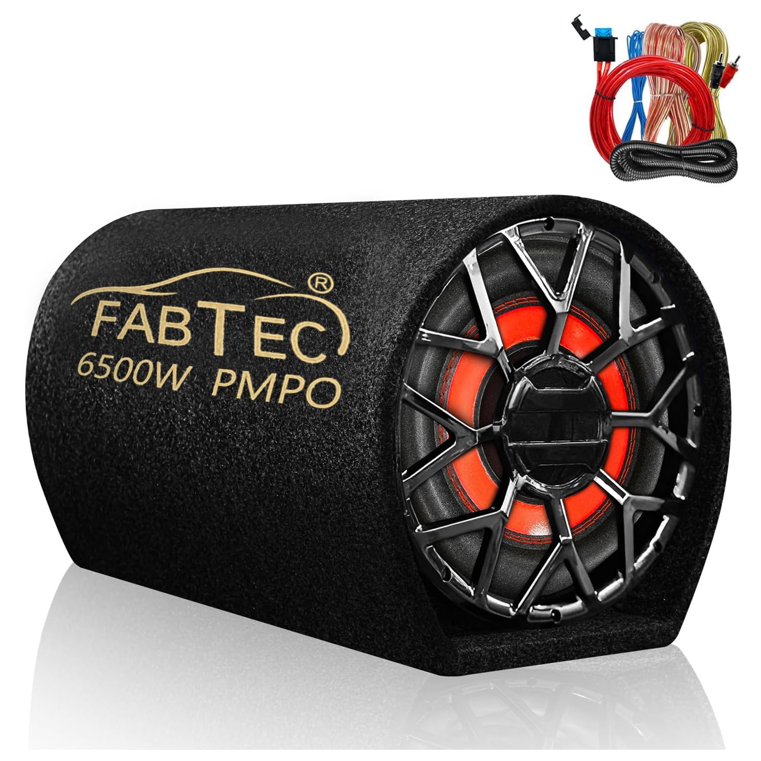 FABTEC 12” 6500W Active Bass Tube Subwoofer for Car Built-in Amplifier Deep Punchy Bass Premium Grey Finish with Amplifier Wire kit