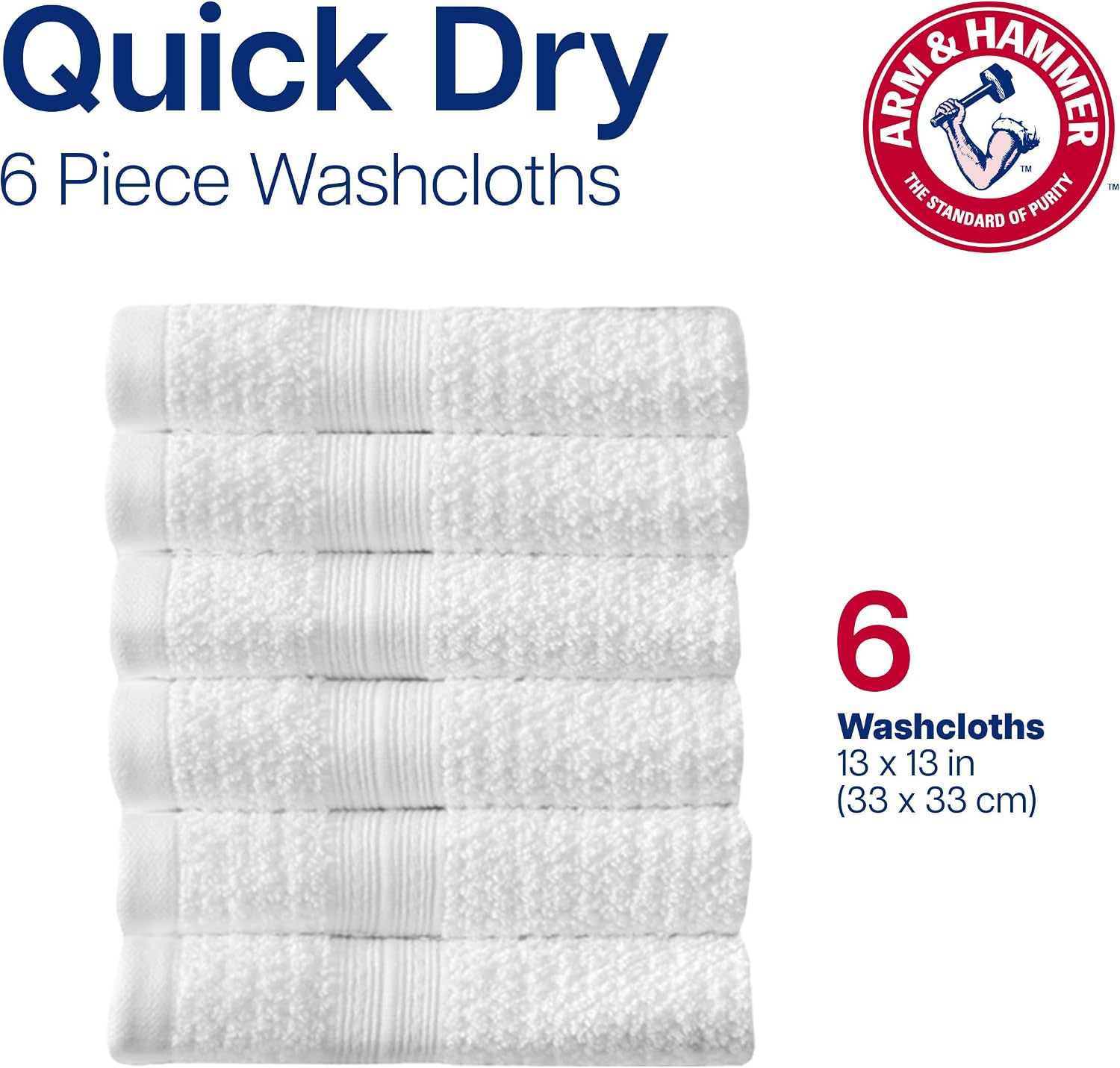 Arm & Hammer Quick Dry Washcloth Set, 6 Piece, White