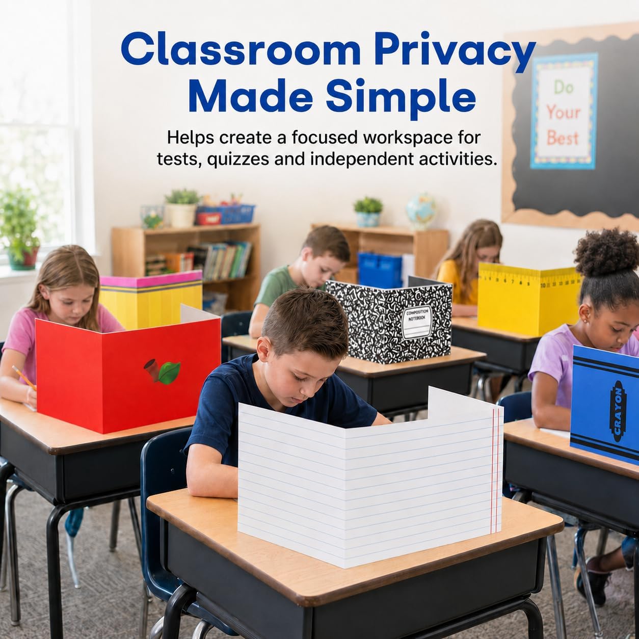 Cinrobiye 24 Pcs Student Privacy Folders with Name Labels & Clamps, Composition Notebook Desk Dividers for Classroom, Test Privacy Shields, Student Desk Shields for Writing, Reading Independent Work image 4