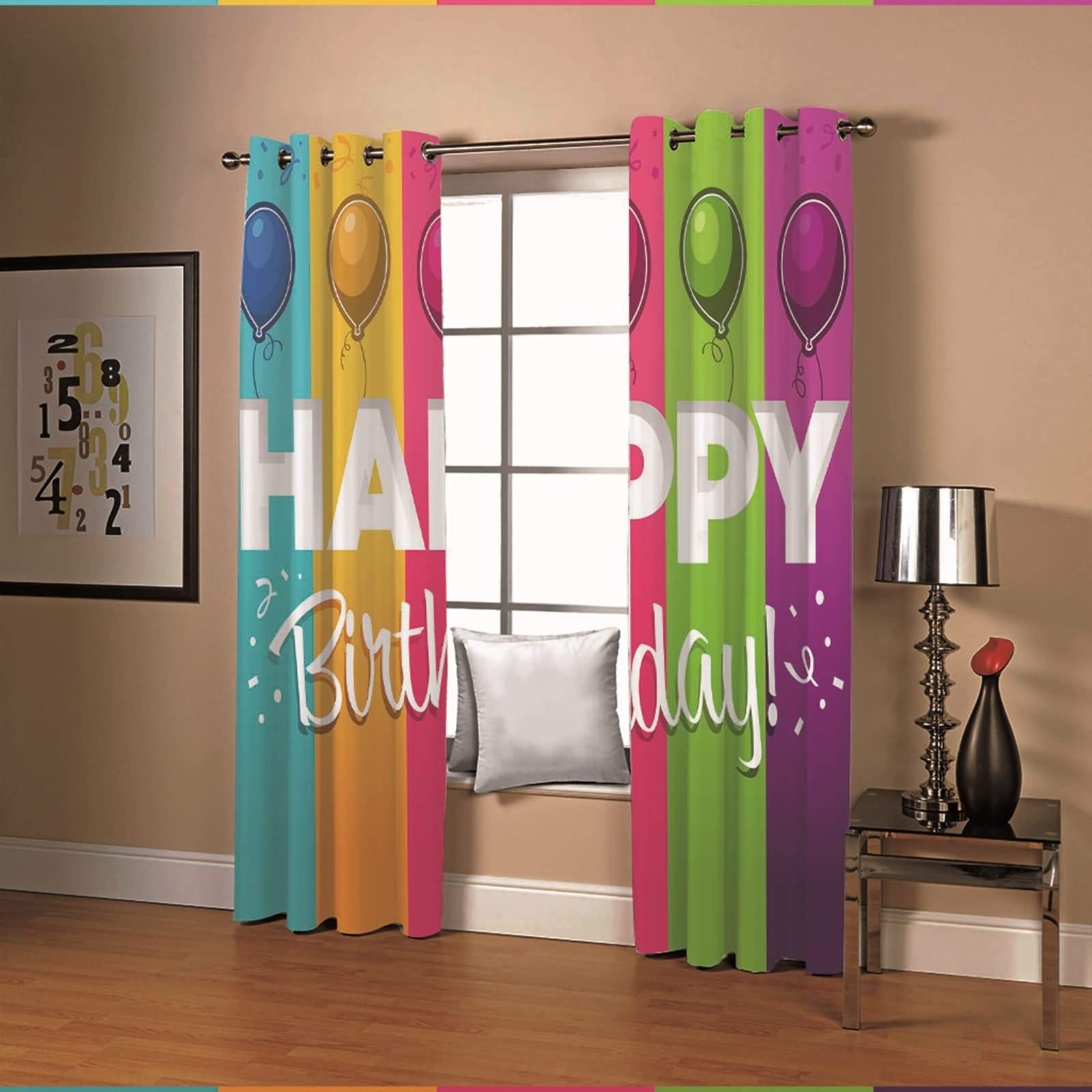 Zasłony zaciemniające do sypialni zestaw 2 szt. balony Happy Birthday, nieprzezroczyste zasłony zaciemniające długie oczka 214 x 138 cm