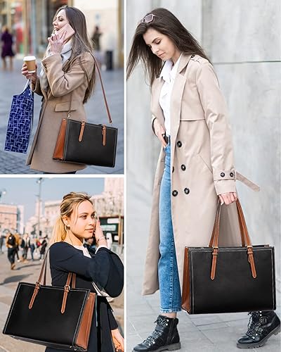 Miniatura 6 de LOVEVOOK Bolsa para laptop para mujer, 15.6 pulgadas, grande, ligera, de piel, con bolso de mano para negocios, trabajo, viajes, oficina, casual,