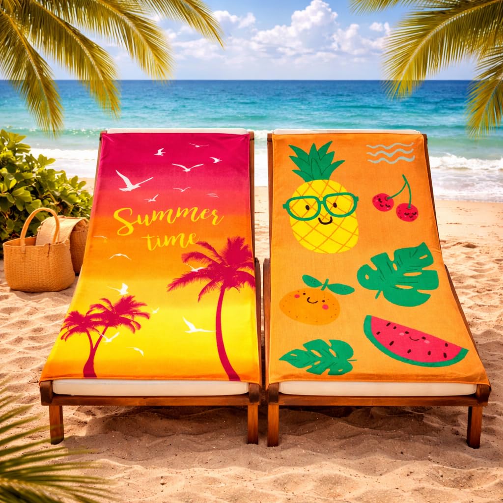 Adore 2 Pack Microfibre Beach Towels 70x140cm - Sand Free Lightweight Quick Dry - Soft Travel Towels for Beach and Pool, Summertime Palms and Fun Fruits